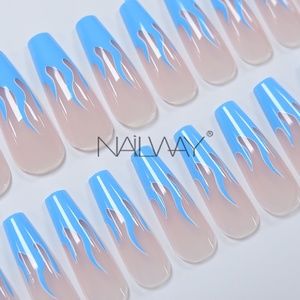 BLUE LONG COFFIN press on nails 24 pc nail set stick on fake nail with glue kit